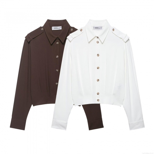 Women's Cropped Long Sleeve Shirt 100% Polyester Epaulette Button Down Blouse Solid Color Office Casual Elegant Spring Autumn Top