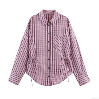 Women's Plaid Long Sleeve Button Down Shirt With Drawstring Waist Casual Poplin Blouse Top Irregular Hem Pink Brown Checked Shirts For Women Fashion Streetwear
