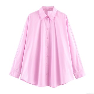 Women's Fashion Long Sleeve Lapel Poplin Loose Shirt 100% Polyester Solid Color Button Down Casual Blouse Top for Office Daily Wear