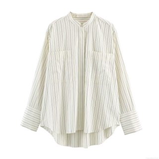 Women's Striped Long Sleeve Shirt Stand Collar Polyester Blouse With Pockets Casual Loose Button Down Top For Office Daily Wear Fashion Poplin Shirt