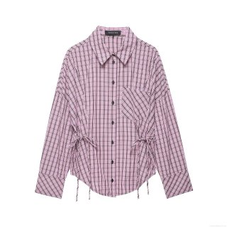 Women's Fashion Plaid Button Down Shirt Long Sleeve Polyester Blend Drawstring Waist Asymmetric Hem Casual Blouse Tops With Chest Pocket Streetwear