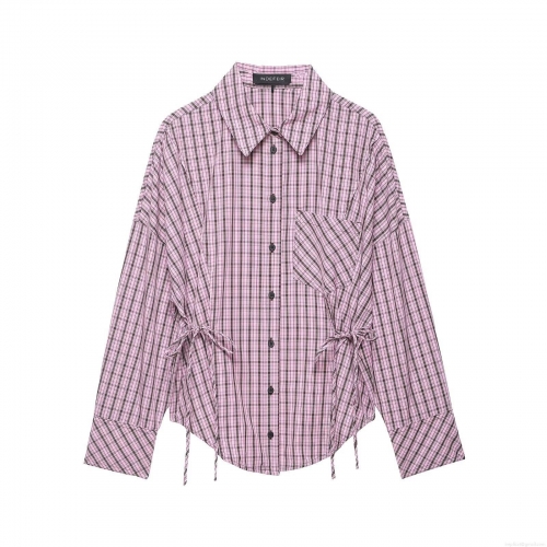 Women's Fashion Plaid Button Down Shirt Long Sleeve Polyester Blend Drawstring Waist Asymmetric Hem Casual Blouse Tops With Chest Pocket Streetwear