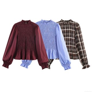Women's Long Sleeve Smocked Blouse Vintage Ruffle Mock Neck Polyester Pullover Shirt Plaid Striped Casual Elegant Fashion Tops For Women