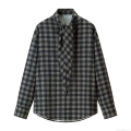 Women's Plaid Long Sleeve Blouse Bow Tie Neck Polyester Button Down Shirt Elegant Casual Tops for Office Dating Women