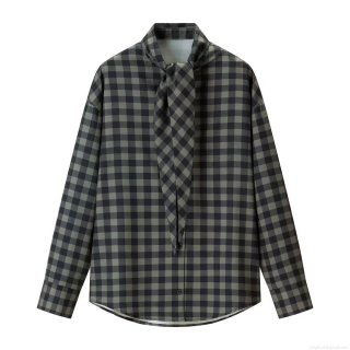 Women's Plaid Long Sleeve Blouse Bow Tie Neck Polyester Button Down Shirt Elegant Casual Tops for Office Dating Women