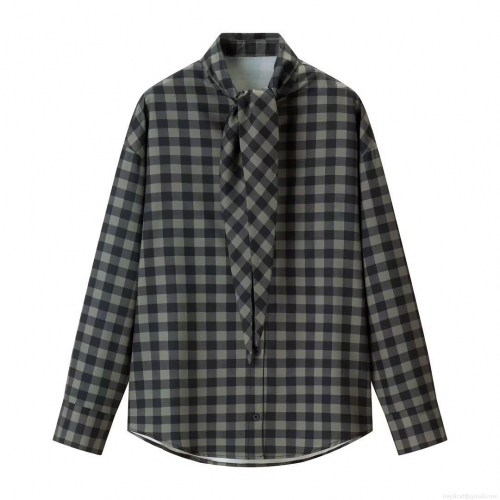 Women's Plaid Long Sleeve Blouse Bow Tie Neck Polyester Button Down Shirt Elegant Casual Tops for Office Dating Women