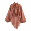 Elegant Floral Chiffon Blouse Women Retro Brown Pink Flower Print Bow Tie High Neck Long Lantern Sleeve Irregular Hem Pullover Shirt Tops