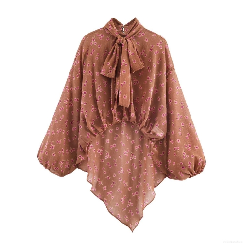 Elegant Floral Chiffon Blouse Women Retro Brown Pink Flower Print Bow Tie High Neck Long Lantern Sleeve Irregular Hem Pullover Shirt Tops