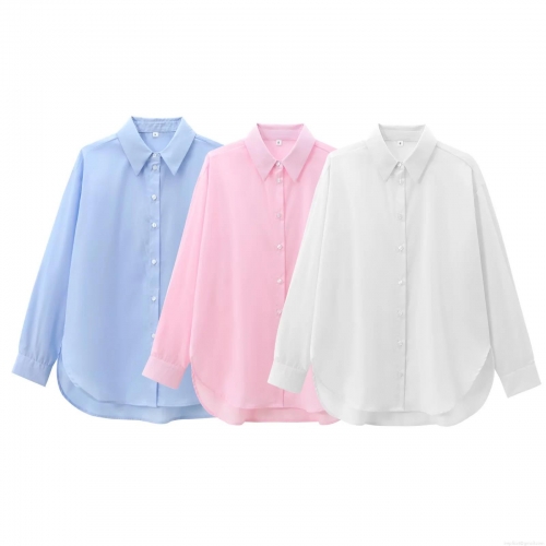 Women's Loose Casual Long Sleeve Button Up Shirt Polyester Cotton Blend Solid Color Blouse Top with Curved Hem for Office Daily Wear