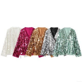 Women's Sparkly Sequin V-Neck Wrap Blouse Long Sleeve Tie Waist Shirt Shiny Elegant Party Evening Top For Celebrity Style Ladies