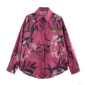 Women's Elegant Satin Floral Print Blouse Turn-down Collar Button Down Long Sleeve Casual Shirt Fall Tops