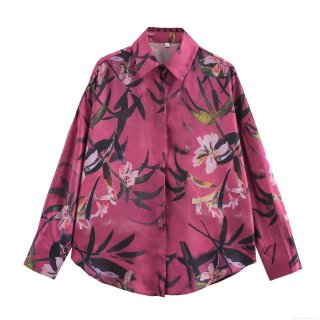 Women's Elegant Satin Floral Print Blouse Turn-down Collar Button Down Long Sleeve Casual Shirt Fall Tops