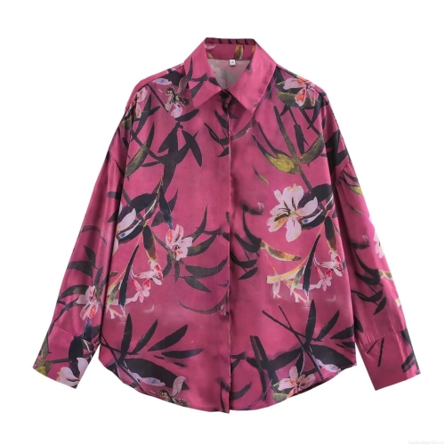 Women's Elegant Satin Floral Print Blouse Turn-down Collar Button Down Long Sleeve Casual Shirt Fall Tops