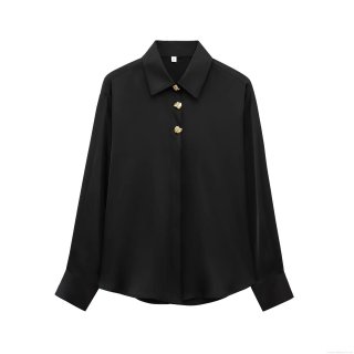 Women Elegant Satin Blouse Shirt With Gold Decorative Flower Buttons Long Sleeve Silk Like Texture Tops For Commuting Dating Office Lady Chic Solid Color Shirt