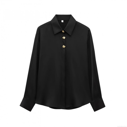 Women Elegant Satin Blouse Shirt With Gold Decorative Flower Buttons Long Sleeve Silk Like Texture Tops For Commuting Dating Office Lady Chic Solid Color Shirt
