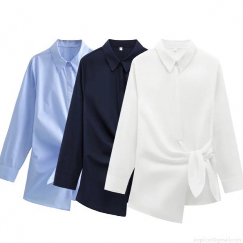 Women's Fashion Casual Long Sleeve Poplin Shirt With Asymmetrical Tie Waist Hem Solid Color Lapel Blouse For Office Daily Lady Tops