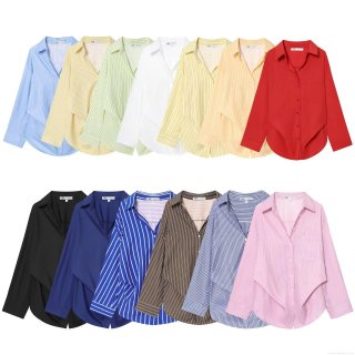 Women Striped Long Sleeve Blouse Polyester Turn-Down Collar Shirt Office Commuting Casual Solid Color Top With Knot Hem For Ladies