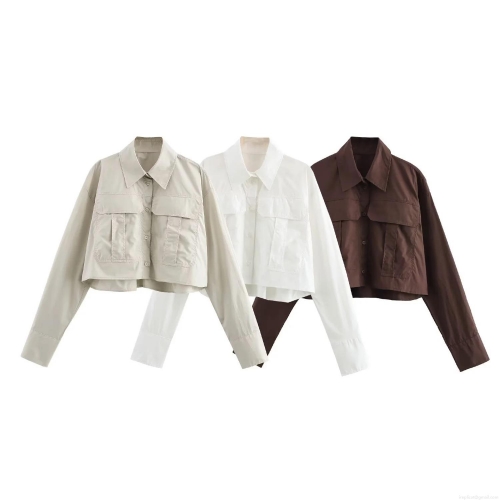 Women's Cropped Poplin Shirt Casual Long Sleeve Shirt Jacket Solid Color Elegant Button Down Tops With Pockets For Spring Fall Lady Chic Clothing