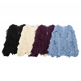 Elegant Women's V-Neck Chiffon Blouse With Layered Ruffles Long Sleeve Solid Color Decorative Shirt Casual Party Fashion Tops For Ladies