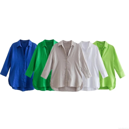 Women's Casual Linen Blend Long Sleeve Blouse Solid Color Button Down Shirt With Side Slit Loose Fit Lapel Collar Tops For Ladies Daily Office Wear