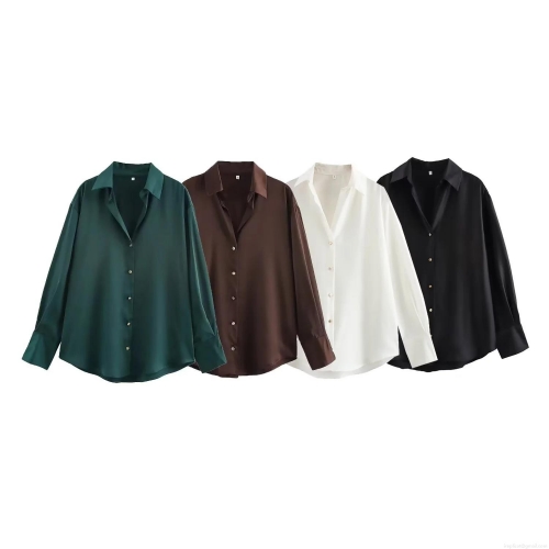 Women's Long Sleeve Satin Blouse Solid Color Button Up Silk Texture Casual Office Shirt Elegant Commute Tops Basic Blouse For Women