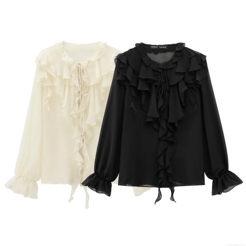 Women's Elegant Chiffon Blouse Ruffle Trim Bow Tie V Neck Long Sleeve Tiered Layered Tops For Casual Party Dating Office Solid Color Lightweight Shirts