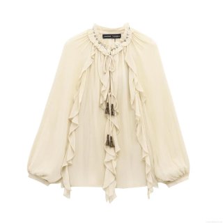 Elegant Women's Ruffled Chiffon Blouse Long Sleeve Retro Solid Color Shirt With Tassel Drawstring And Metallic Rivets Romantic Style Fashion Tops For Women