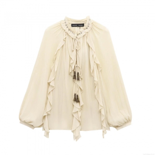 Elegant Women's Ruffled Chiffon Blouse Long Sleeve Retro Solid Color Shirt With Tassel Drawstring And Metallic Rivets Romantic Style Fashion Tops For Women