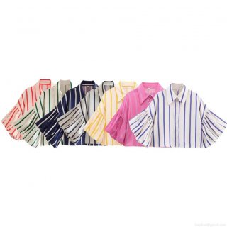 Women's Striped Puff Sleeve Blouse 100% Polyester Short Lantern Sleeve Button Down Casual Shirt Tops For Women Summer Fashion
