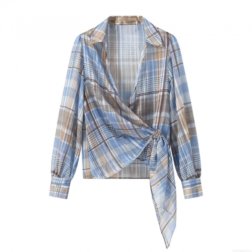 Women's Plaid Gold Silk Long Sleeve Shirt Side Tie V-Neck Blouse Elegant Blue Brown Checkered Top With Metallic Thread For Women Daily Fashion Spring