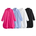 Women's Casual Loose Long Sleeve Poplin Shirt Dress Modern Solid Color Oversized Button Down Blouse Top with Chest Pocket for Daily Streetwear