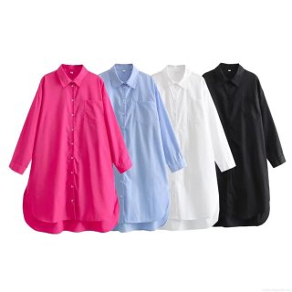 Women's Casual Loose Long Sleeve Poplin Shirt Dress Modern Solid Color Oversized Button Down Blouse Top with Chest Pocket for Daily Streetwear