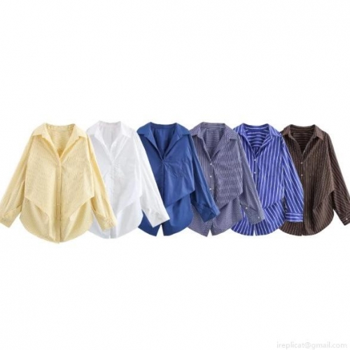 Women's Fashion Casual Loose Poplin Shirt Long Sleeve Button Down Blouse With Chest Pocket Solid Color And Striped Lapel Tops For Women