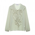 Women's Elegant Ruffle Chiffon Blouse Long Sleeve Lace-up V Neck Mint Green Solid Color Semi-transparent Shirt Top for Daily Casual Commute