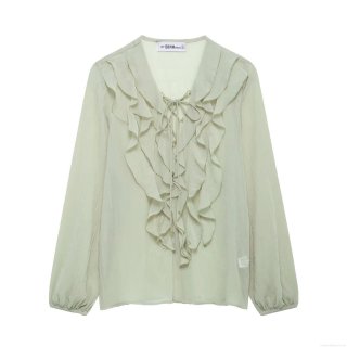 Women's Elegant Ruffle Chiffon Blouse Long Sleeve Lace-up V Neck Mint Green Solid Color Semi-transparent Shirt Top for Daily Casual Commute