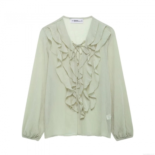 Women's Elegant Ruffle Chiffon Blouse Long Sleeve Lace-up V Neck Mint Green Solid Color Semi-transparent Shirt Top for Daily Casual Commute