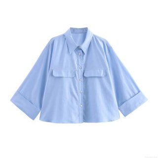 Women's Cropped Oxford Shirt Lapel Long Sleeve Single Breasted Blouse With Chest Pockets Solid Color Casual Fashion Top For Women
