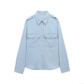 Women's Casual Light Blue Denim Shirt Long Sleeve Lapel Button Down Top With Double Pockets Shoulder Straps Cotton Blend Fashion Blouse Spring Autumn