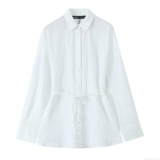 Women's Casual Cotton Linen Blend Long Sleeve Shirt Turn-down Collar Waist Drawstring Solid Color Blouse Top For Ladies