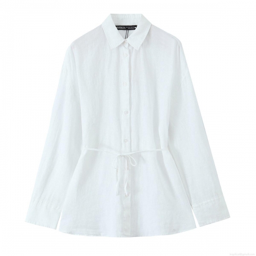 Women's Casual Cotton Linen Blend Long Sleeve Shirt Turn-down Collar Waist Drawstring Solid Color Blouse Top For Ladies