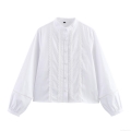 Women's Romantic White Lace Trim Long Sleeve Shirt Elegant Cotton Blend Button Up Blouse For Daily Dating Party French Style Tops