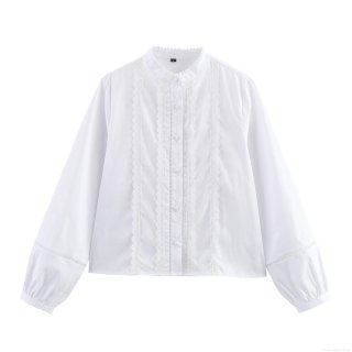 Women's Romantic White Lace Trim Long Sleeve Shirt Elegant Cotton Blend Button Up Blouse For Daily Dating Party French Style Tops