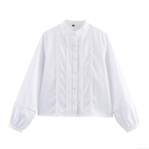 Women's Romantic White Lace Trim Long Sleeve Shirt Elegant Cotton Blend Button Up Blouse For Daily Dating Party French Style Tops