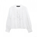 Elegant Women Tencel White Blouse Lace Patchwork Pleated Long Sleeve Shirt Top with Buttons Office Lady Casual Chic Sweet Top
