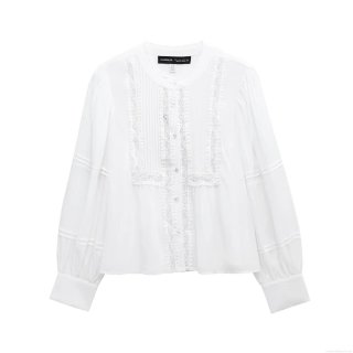 Elegant Women Tencel White Blouse Lace Patchwork Pleated Long Sleeve Shirt Top with Buttons Office Lady Casual Chic Sweet Top