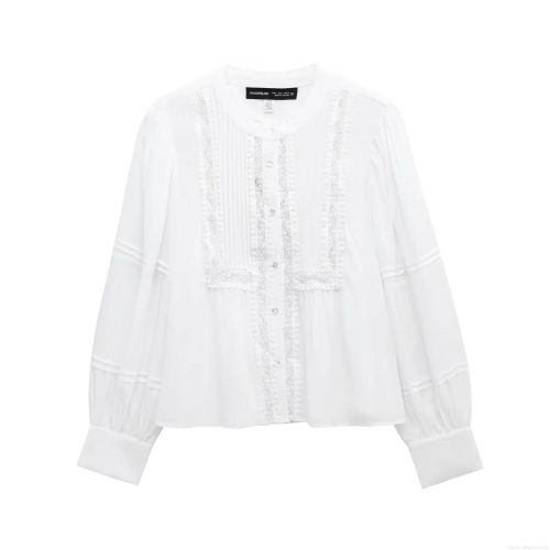 Elegant Women Tencel White Blouse Lace Patchwork Pleated Long Sleeve Shirt Top with Buttons Office Lady Casual Chic Sweet Top