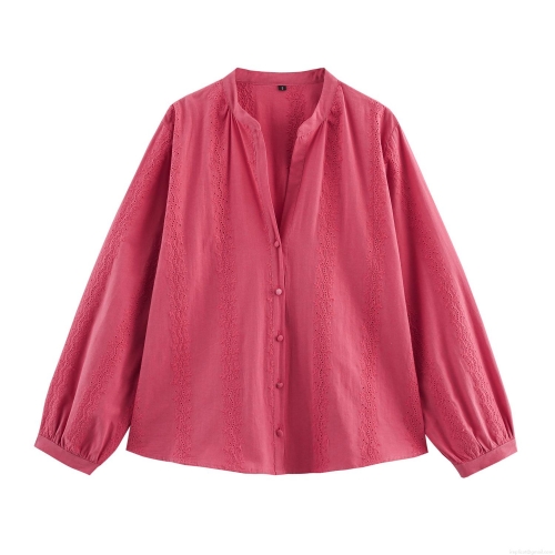 Elegant Cotton Blend Hollow Out Embroidery Long Sleeve Blouse Women V Neck Button Up Shirt For Party Dating Lady Fashion Tops