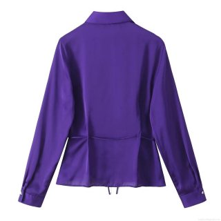 Women's Elegant Satin Long Sleeve Blouse Waist Tie Drawstring Shirt Solid Color Button Down Top For Office Daily Casual Party Fashionable Ladies Apparel