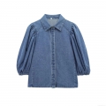 Women's Retro Blue Denim Blouse Puff Lantern Long Sleeve Lapel Button Up Shirt Casual Pure Cotton Denim Top for Women