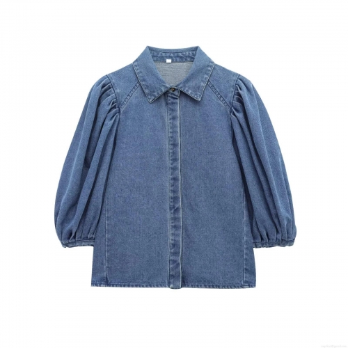 Women's Retro Blue Denim Blouse Puff Lantern Long Sleeve Lapel Button Up Shirt Casual Pure Cotton Denim Top for Women